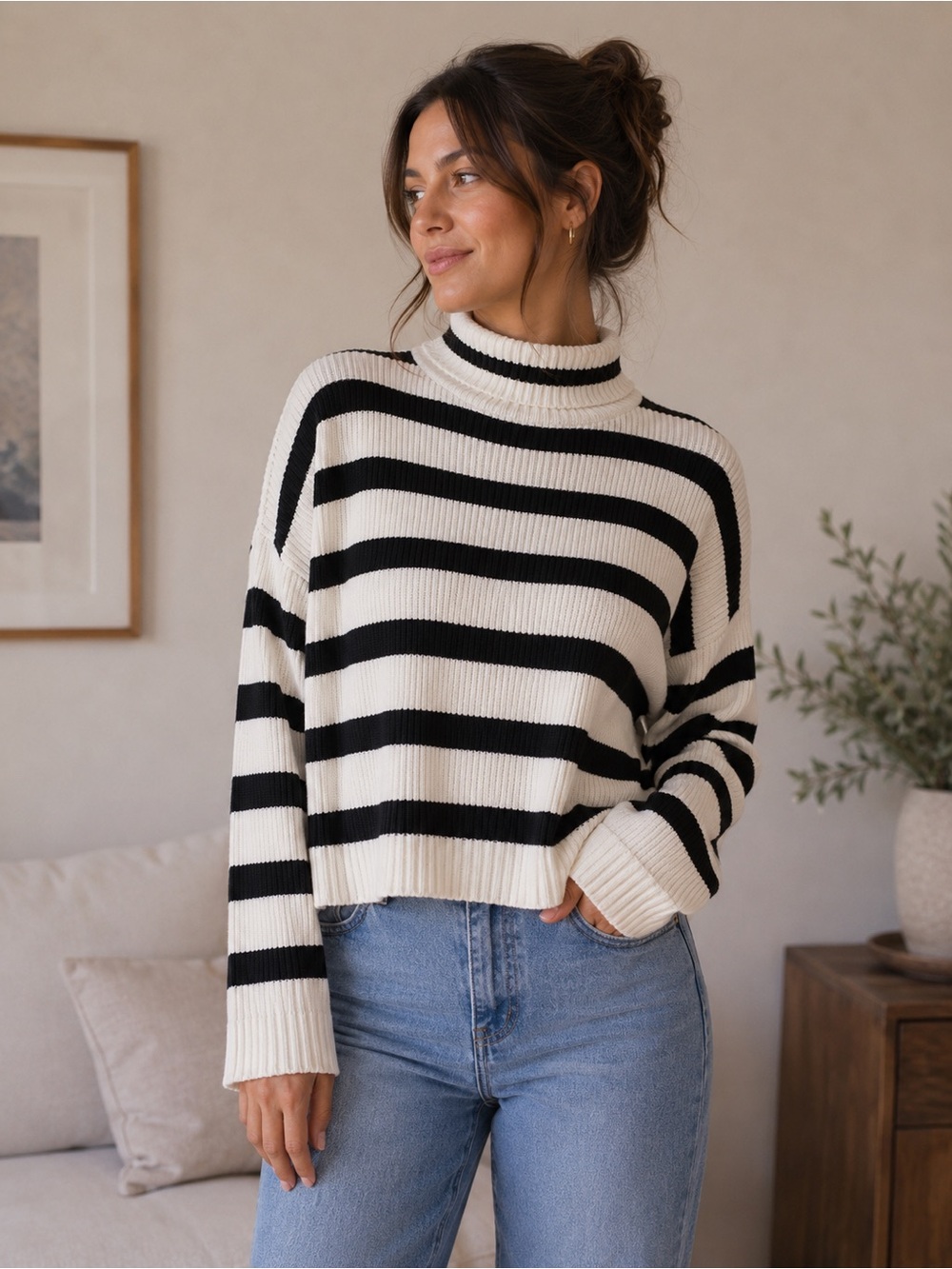 White House Black Market Striped Turtleneck‎ Sweater Black White Ribbed Knit Med
